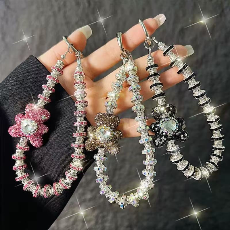 Sparkling Rhinestone Crystal Bear Phone Charm - Beaded Bejeweled Wrist Lanyard & Bag Strap