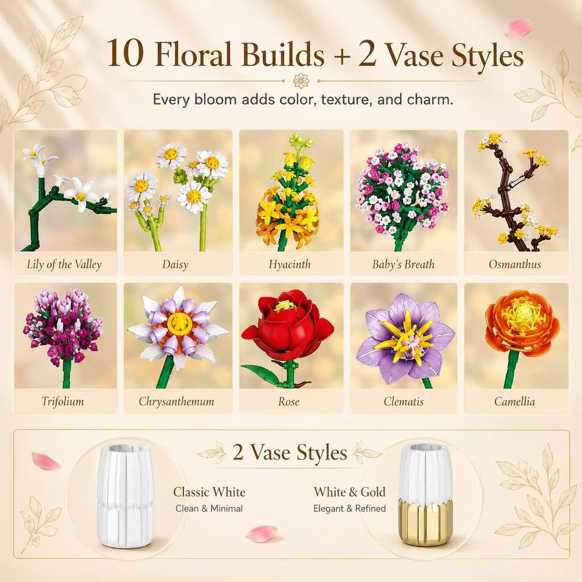 Brand New Free Tribe Bouquet of Flowers Building Set with Vase (1458 Pcs)