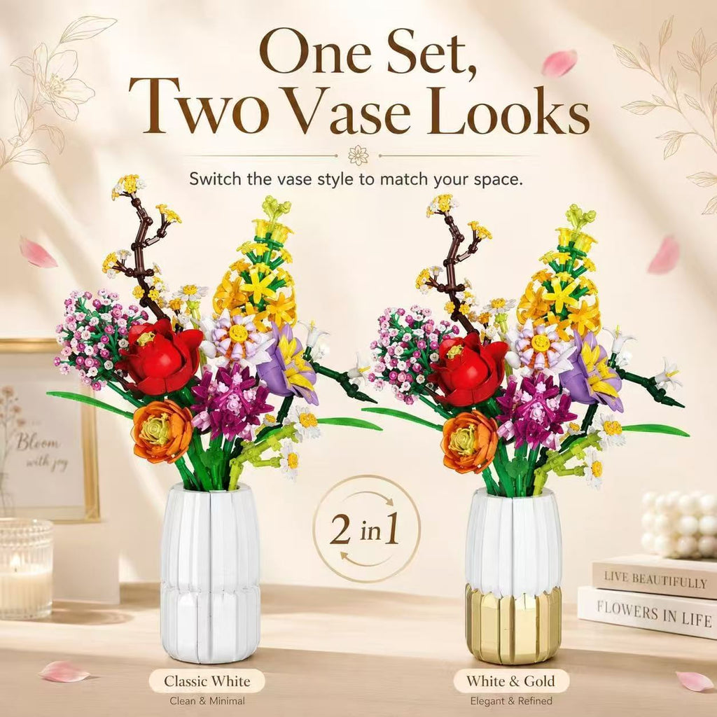 Brand New Free Tribe Bouquet of Flowers Building Set with Vase (1458 Pcs)