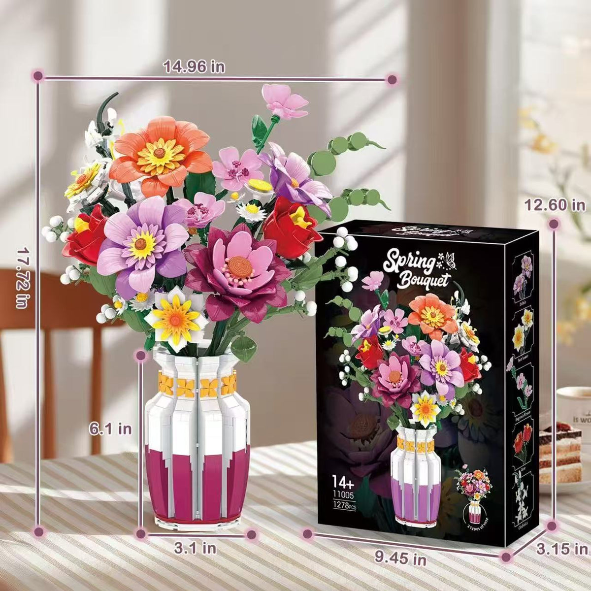 Brand New Free Tribe Spring Bouquet Building Blocks Set with Vase (1278 Pcs)