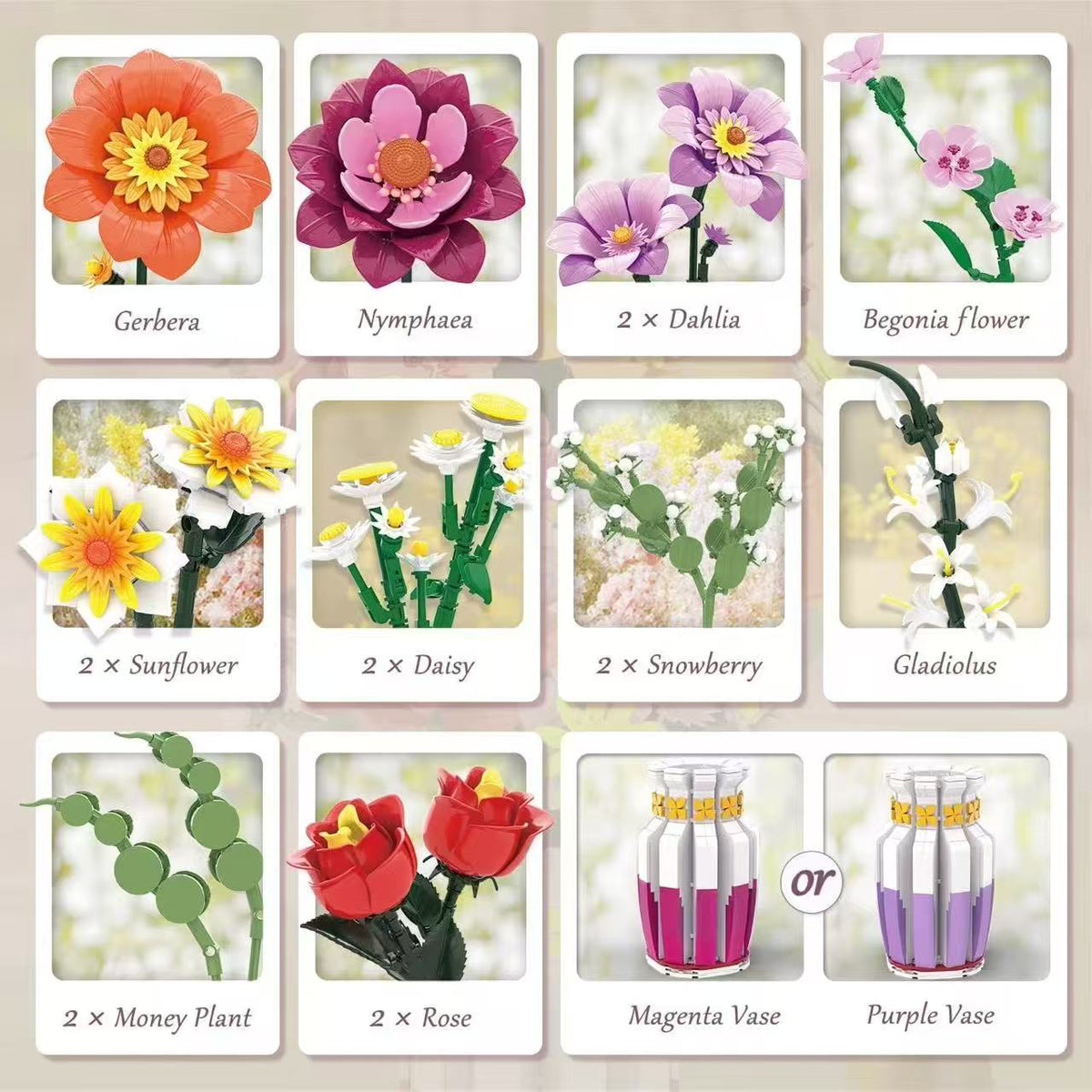 Brand New Free Tribe Spring Bouquet Building Blocks Set with Vase (1278 Pcs)
